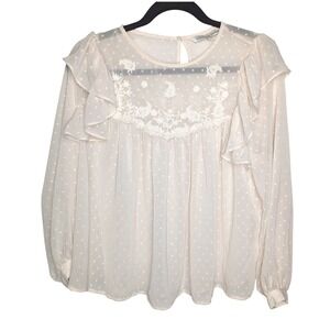 Sheer Swiss Dot Blouse‎ Cream Ruffle Long Sleeve Embroidered Boho Cottagecore S